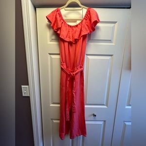 Tommy Bahama Linen Dye Cropped Jumpsuit Ruffles Coral Size Small